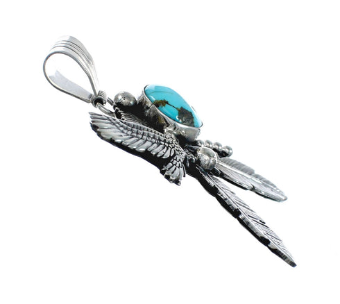 Eagle And Feathers Turquoise Sterling Silver Navajo Pendant NX11681